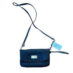 Nine West Tunnel Black Leather Crossbody or Wristlet Bag Silver Chain Strap NEW